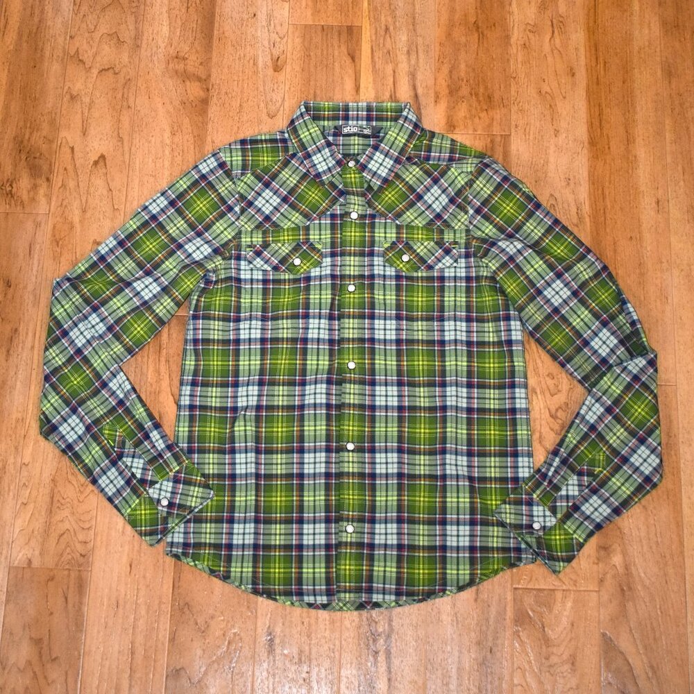 Stio Kids Green Plaid Pearl Snap Shirt 14